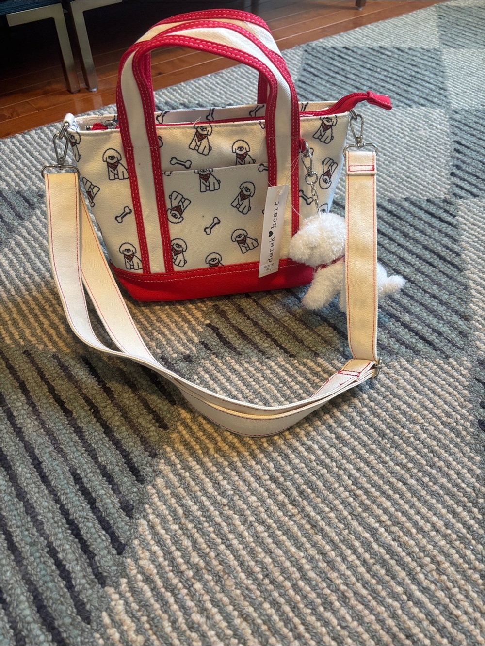 Derek Heart Cream and Red Puppy Print Crossbody Bag